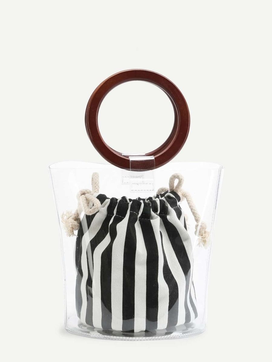 Striped Clear Wooden Handle Bag | SHEIN