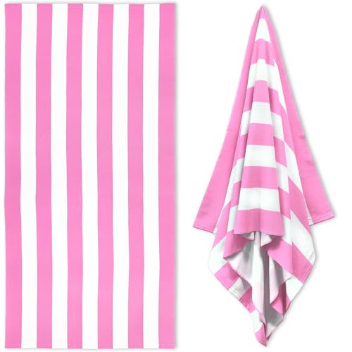HENBAY Large Oversized Beach Towel - 35 x 70 Inch Microfiber Pool Towel, Pink Striped Quick Dry Cabana Swim Towel | Amazon (US)
