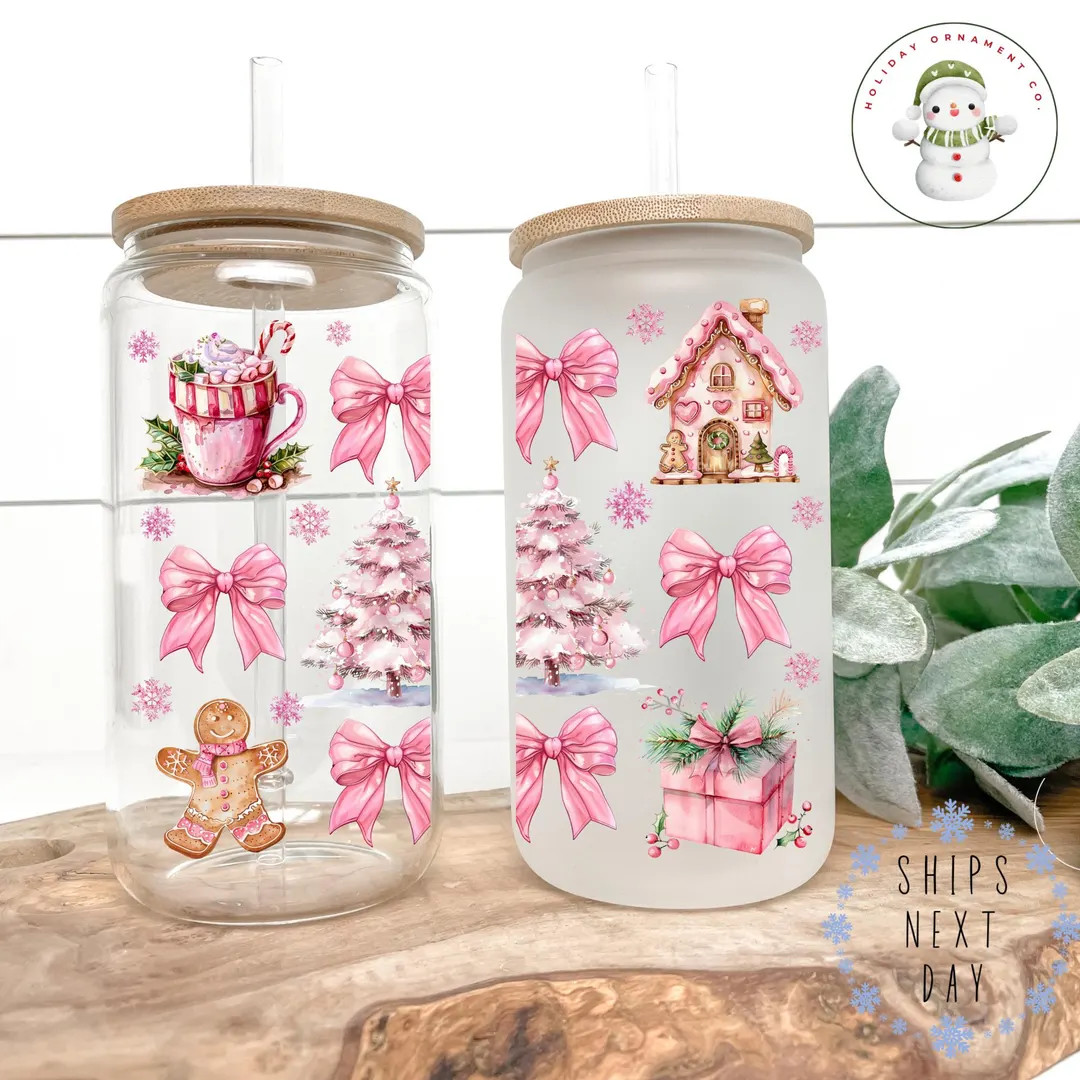 Pink Gingerbread Coquette Christmas Glass Tumbler Cup | Pretty Holiday Iced Coffee Cup | 16 oz/20... | Etsy (US)