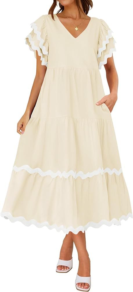 ZESICA Womens 2024 Summer Casual Midi Dresses V Neck Flutter Short Sleeve Ruffle Tiered A Line Fl... | Amazon (US)