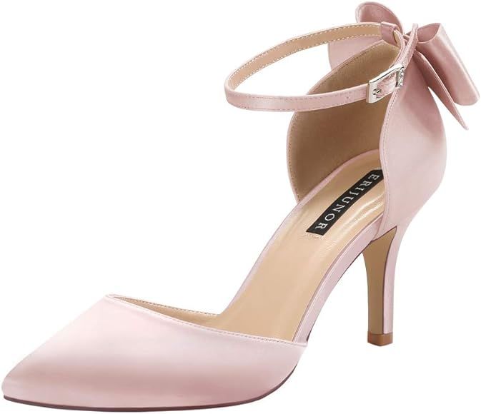 ERIJUNOR Wedding Evening Party Shoes Comfortable Mid Heels Pumps with Bow Knot Ankle Strap Wide Widt | Amazon (US)