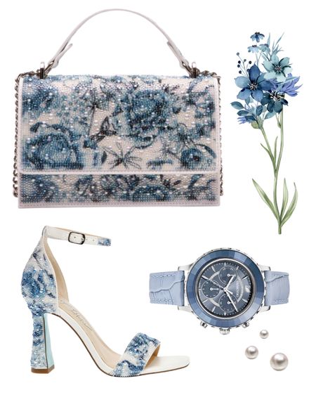 pastel blue 🫐 #bluefloral #pearl #betsyjohnson #blueandwhite #highheels #purse 