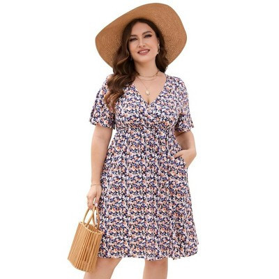 WhizMax Plus Size Summer Dress Women's V Neck Short Sleeve A-Line Swing Floral Party Midi Dresses(purple flower,3XL) | Target