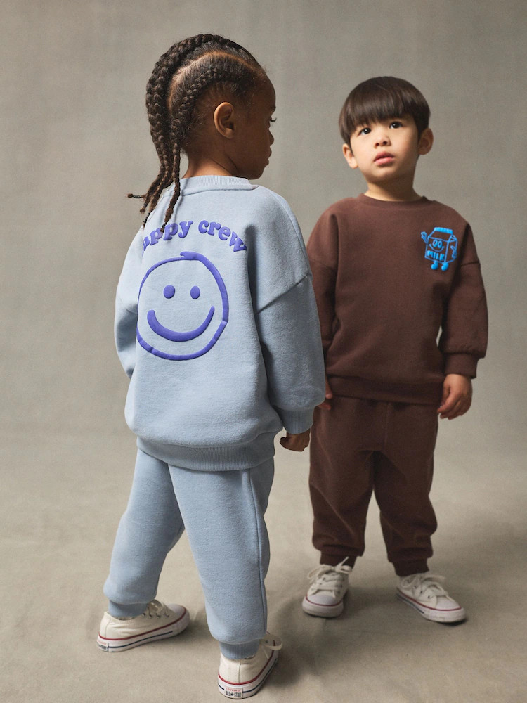 Chocolate Brown and Blue 2 Pack Printed Crew Neck Sweat Top & Jogger Sets (3mths-7yrs) | Next US