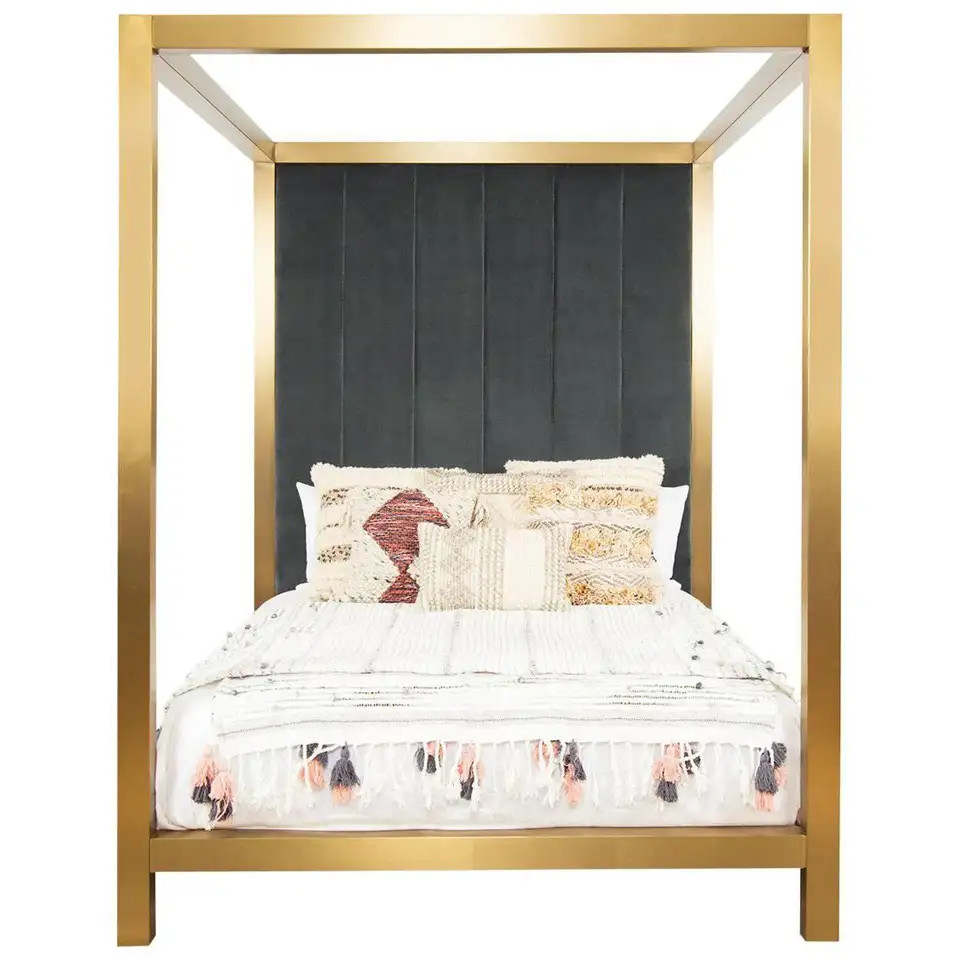 Modern Brushed Brass Fourposter Eastern King Bed Channel Tufted Velvet Headboard | 1stDibs