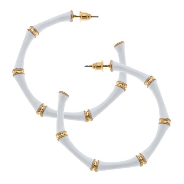 Celeste Enamel Bamboo Hoop Earrings in White | CANVAS