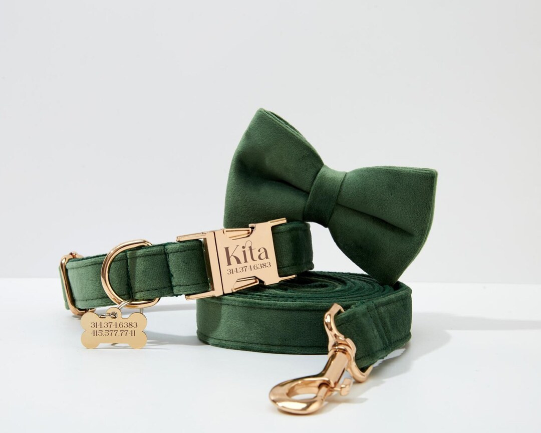 Pine Green Dog Collar Personalized With Name, Thick Velvet Wedding Dog Bow Tie Collar and Leash, ... | Etsy (US)
