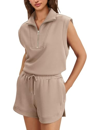 Panadila Womens 2 Piece Short Sets Summer Matching Sweat Lounge Set Travel Cruise Outfits Cap Sleeve Top and Shorts(Khaki,L) | Amazon (US)