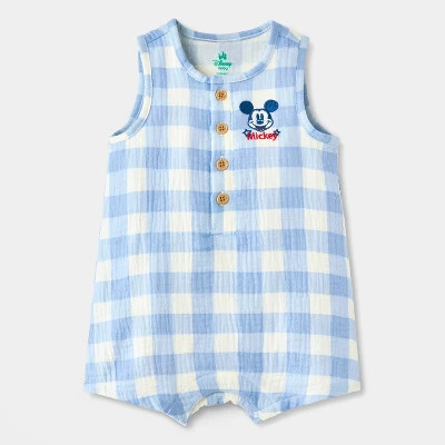 Baby Boys' Disney Mickey Mouse Americana Gingham Romper - Light Blue 12M | Target