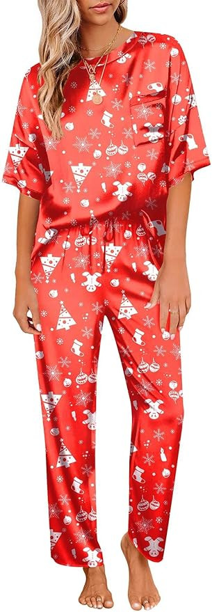 Ekouaer Womens Satin Silky Pajama Set Short Sleeve Shirt with Long Pajama Pant Set Soft PJ Lounge... | Amazon (US)