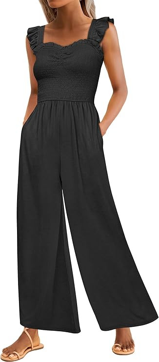 Caracilia Overol para mujer, sin mangas, casual, elegante, fruncido, pierna ancha, con bolsillos,... | Amazon (US)