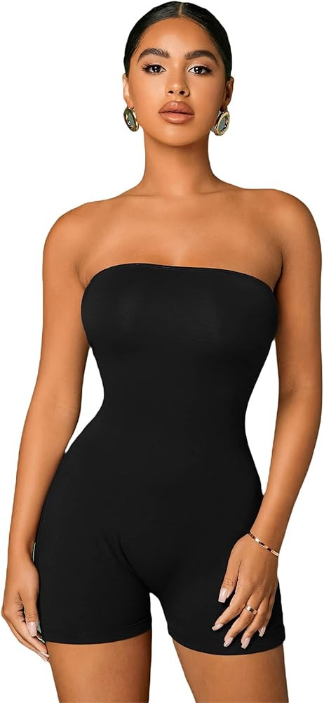Verdusa Women's Strapless Open Back Short Jumpsuit Unitard Bodycon Tube Romper | Amazon (US)