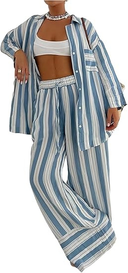 SOLY HUX Women's Striped Two Piece Set Long Sleeve Button Down Shirts and Pants Beach Resort Wear | Amazon (US)
