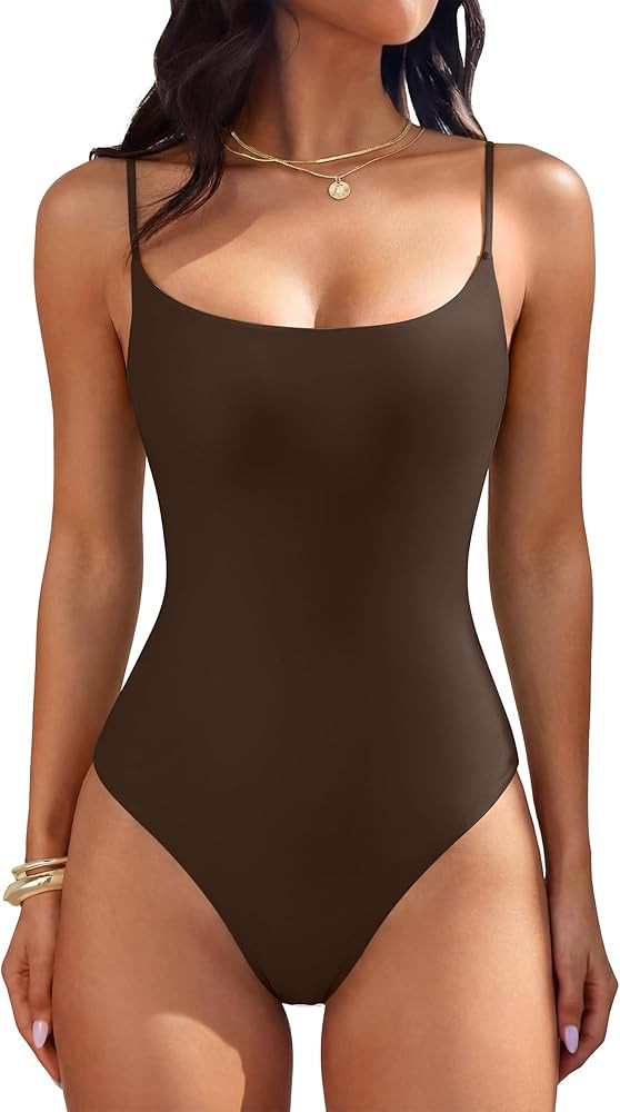 ANRABESS Women Square Neck Spaghetti Straps Bodysuits Double Lined Sleeveless Backless Cami Body ... | Amazon (US)