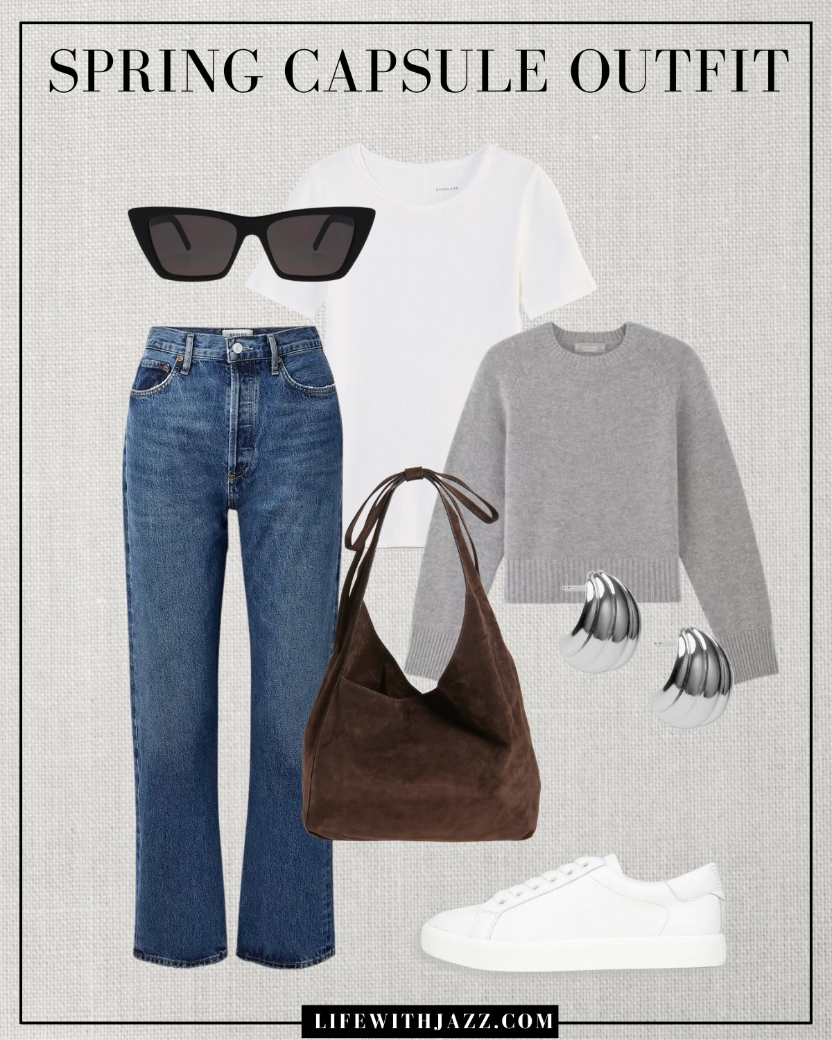 Spring capsule outfit 

Spring capsule / capsule wardrobe / smart casual outfit / gray cashmere sweater / white tee / mid blue wash ankle jeans / chocolate brown suede tote / sneakers / silver earrings / sunglasses / sc25 

#LTKSeasonal #LTKStyleTip