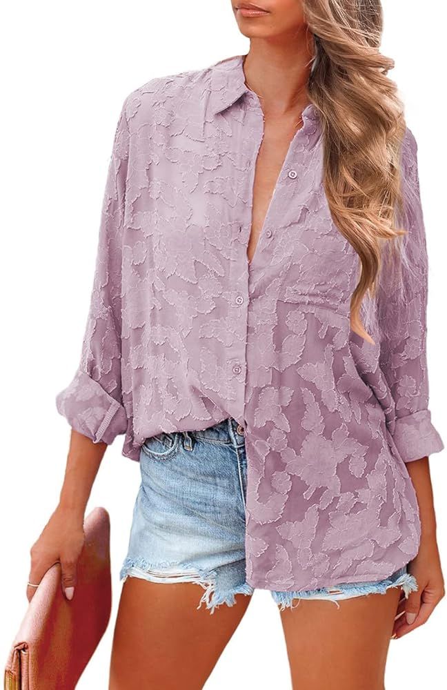 PRETTYGARDEN Women's Chiffon Blouse Solid Color Long Sleeve Button Down Elegant Jacquard Shirts Tops | Amazon (US)