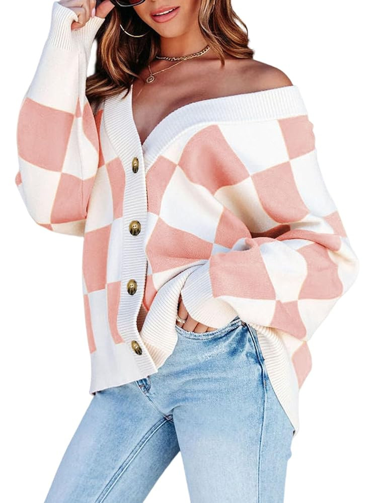 Dokotoo Womens Plaid V Neck Button Down Long Sleeve Cable Knit Oversized Cardigan Sweaters Tops | Amazon (US)