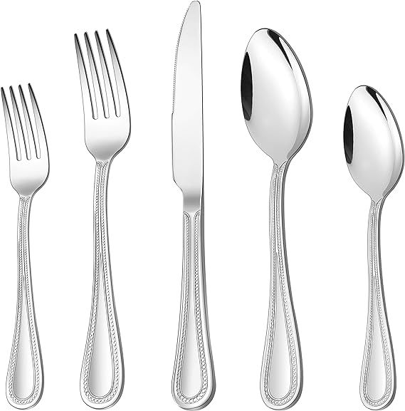 60-Piece Silverware Set, HaWare Stainless Steel Flatware Service for 12, Pearled Edge Tableware C... | Amazon (US)