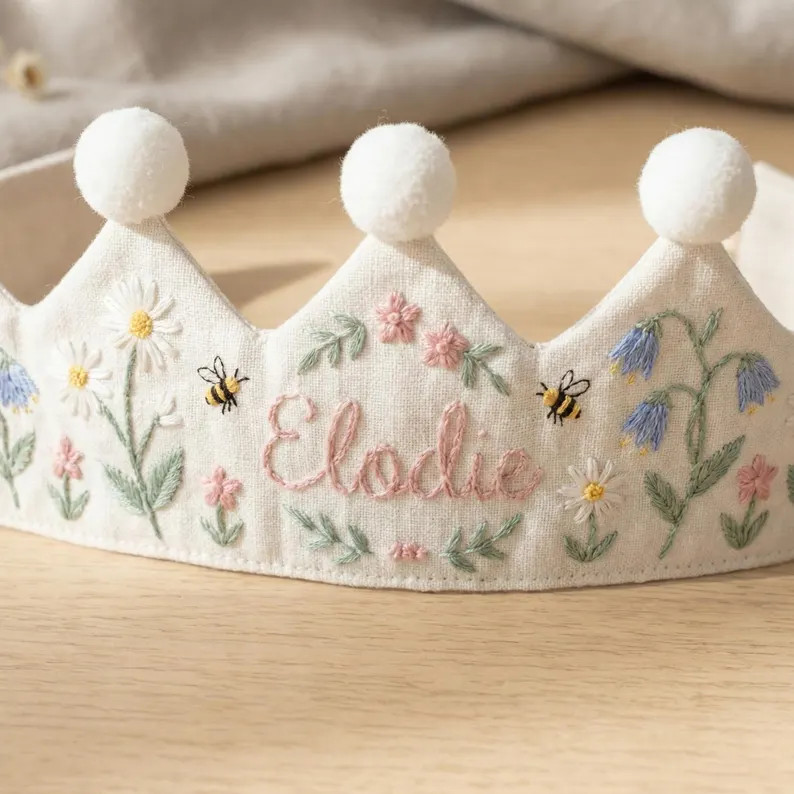 Wildflower Bee Personalized Birthday Crown – Hand Embroidered Linen Baby Crown, Floral Name Cro... | Etsy (US)