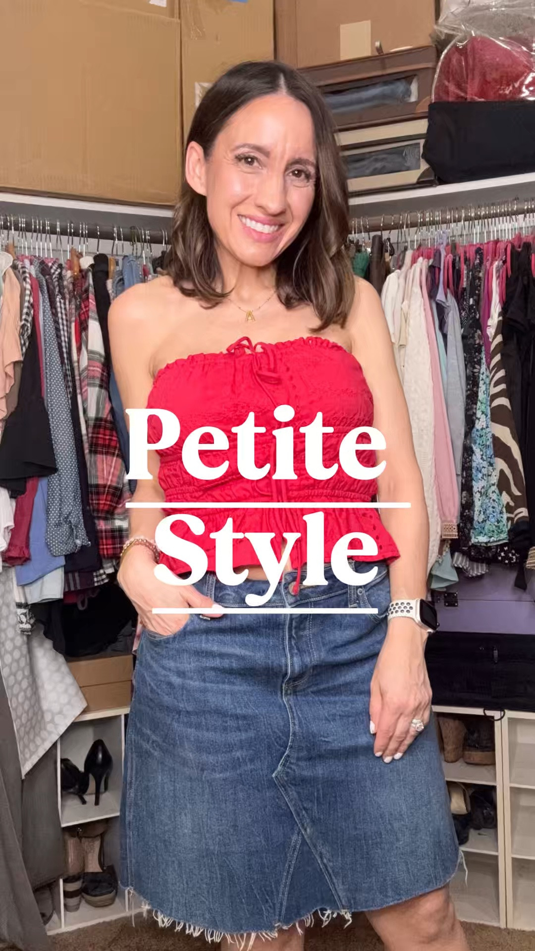 Red strapless top with a cinched waist. 
Denim skirt. 
Wedge sandals. 
Kendra Scott necklace.  
Louis Vuitton handbag.

#LTKgrwm #LTKOver40 #LTKPetite