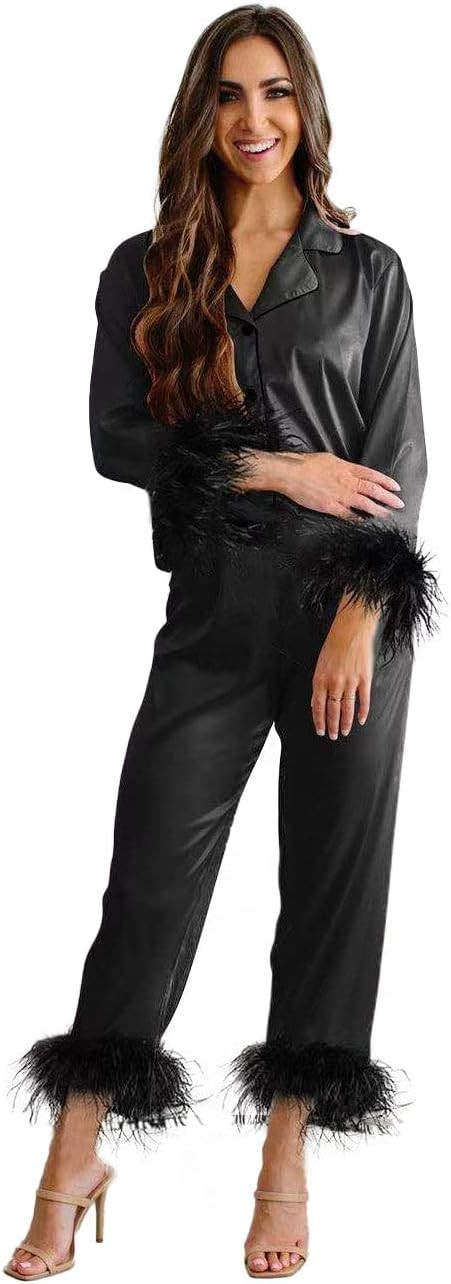 Belle's Design Women's Feather Trim Silk Satin Pajama Button Down Long Sleeve and Pants Set Sleep... | Amazon (US)