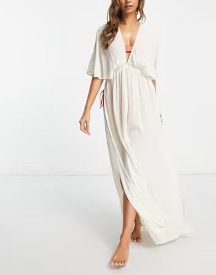 ASOS DESIGN plunge crinkle maxi cover up with slits in natural | ASOS (Global)