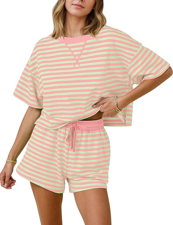 MISSACTIVER Womens Lounge 2 Piece Sets Summer Striped Matching Pajamas Set Short Sleeve Oversized... | Amazon (US)