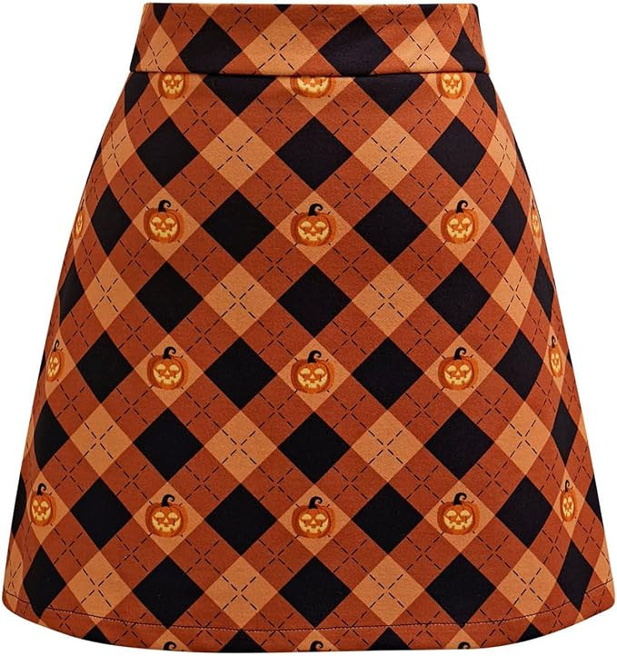 CHICWISH Women Plaid Mini Bud Skirt Pumpkin Lantern Pattern High Waist A Line Halloween Party Gri... | Amazon (US)