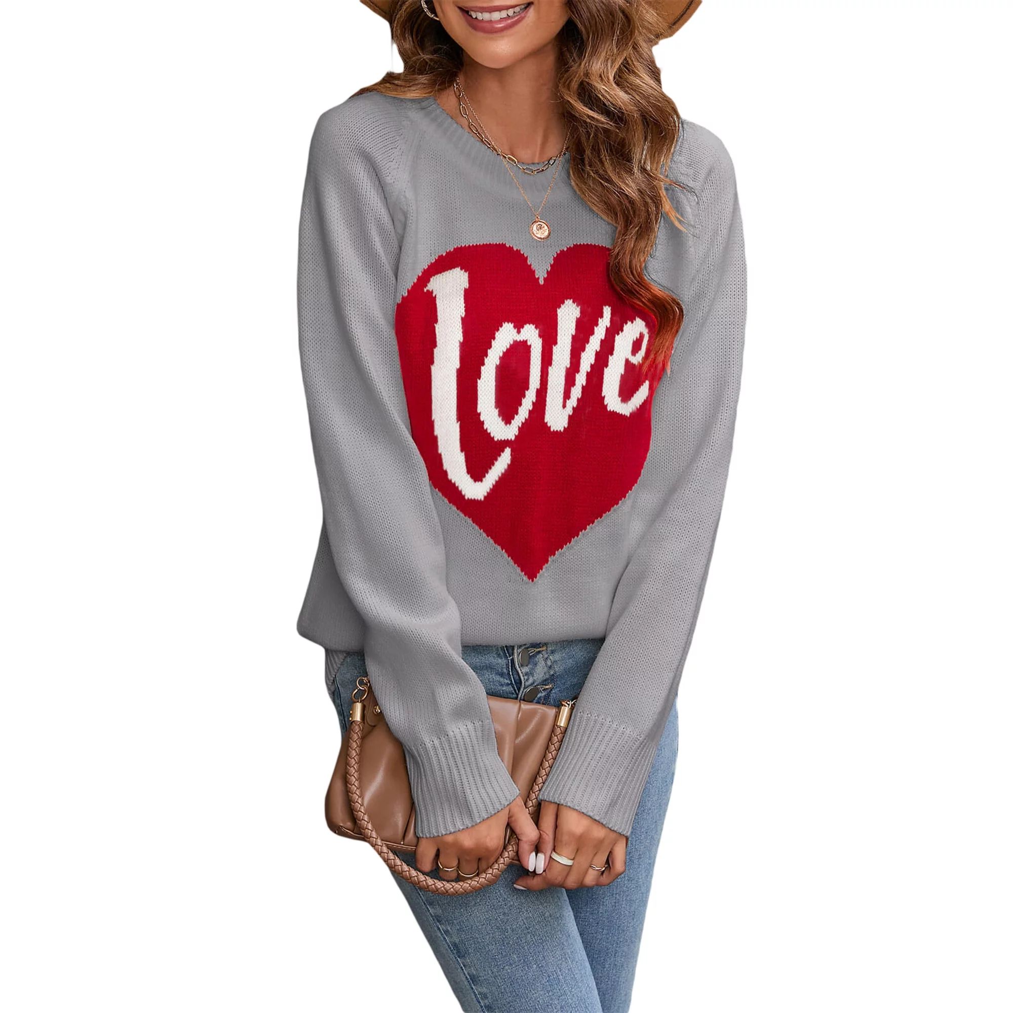 Valentine's Day Ribbed Knit Sweaters for Women Long Sleeve Love Heart Letter Print Round Neck Loo... | Walmart (US)