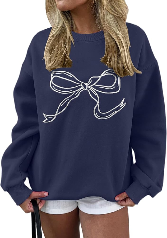 Women Oversized Sweatshirt Bow Crewneck Long Sleeve Fleece Pullover Top Clean Girl Aesthetic Fall... | Amazon (US)