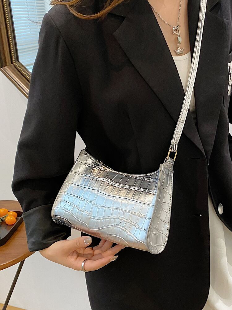 Metallic Crocodile Embossed Square Bag | SHEIN