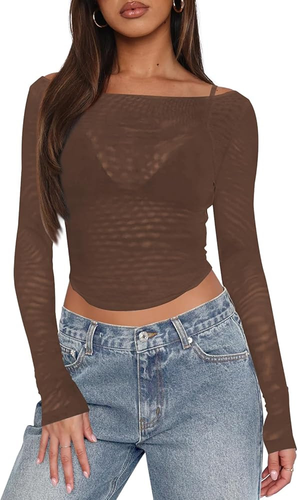 Women's Mesh Sheer Long Sleeve Top for Women Sexy Boat Neck Going Out Tops Casual Club Party See ... | Amazon (US)