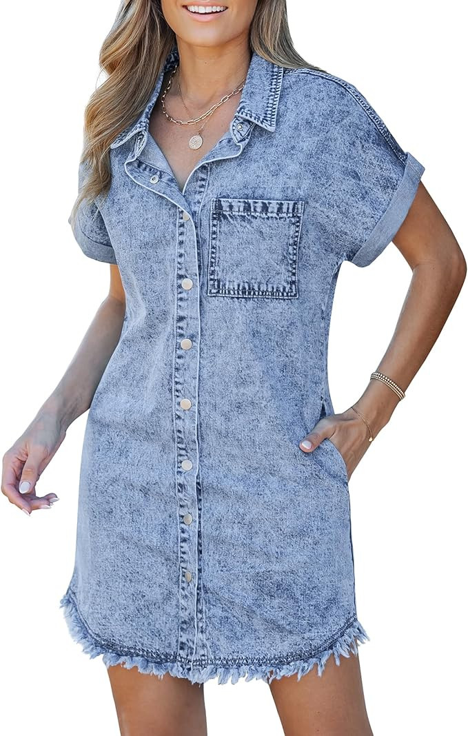 luvamia Denim Dress for Women Button Down Short Sleeves Casual Summer Jean Shirt Dresses with Poc... | Amazon (US)