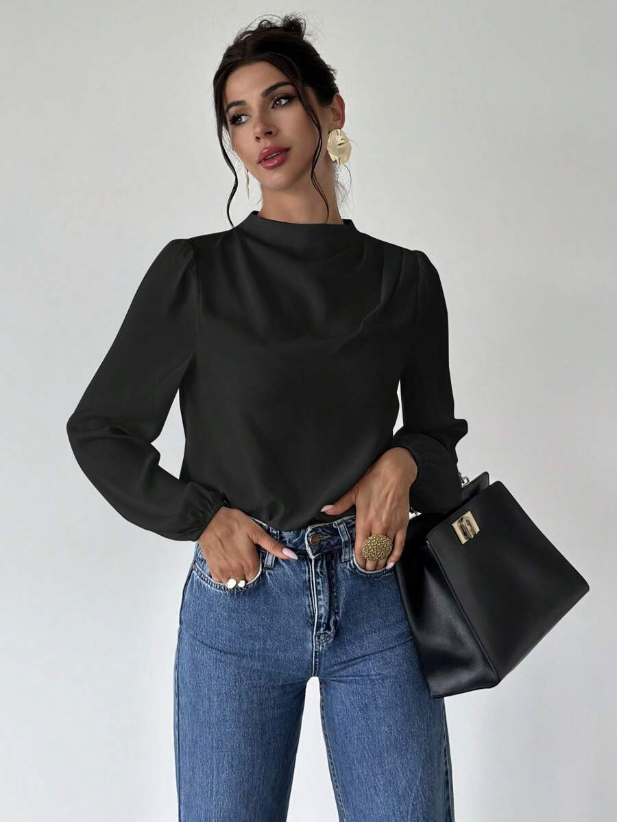 Firerie 1pc Women's Fashionable Elegant Office Wear White Standing Collar Shoulder Pleated Puff S... | SHEIN