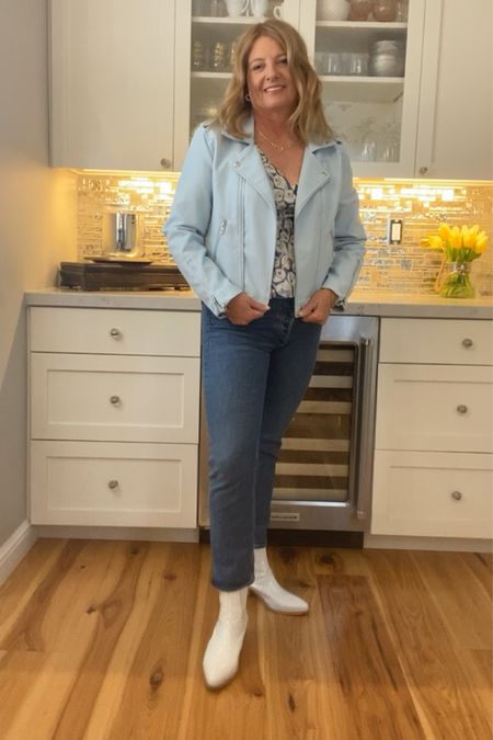Adding an unexpected piece to a feminine look makes it a standout. This baby blue moto will take me through the chilly days of spring. Paired here with my favorite straight crop jeans and white western booties. 

#LTKstyletip #LTKSeasonal