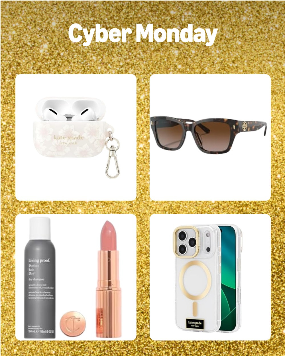 ✨ Cyber Monday Finds You Don’t Want to Miss! ✨
Rounding up a few of my most-clicked, most-loved items that make the BEST gifts — or little treats for yourself while the deals are this good!
💛 Kate Spade AirPod Case
A chic floral moment that keeps your AirPods protected and easy to find in your bag. Perfect stocking stuffer!
🕶 Tory Burch Sunglasses
Classic, flattering, and never go out of style. If you’ve been eyeing these, Cyber Monday is the day to snag them!
💋 Beauty Must-Haves
• Living Proof Dry Shampoo — that clean-hair feeling without the wash.
• Charlotte Tilbury Lipstick — the perfect everyday nude that works for any look.
📱 Kate Spade iPhone Case
Sleek, durable, MagSafe-friendly, and just plain cute. A great under-$50 gift idea!
Cyber Monday is stacked this year, so tap to shop these steals while they’re still marked down! 💛✨
#SaleAlert #GiftGuide2025 #LTKSale #CyberMondayDeals #stockingstuffers #HolidayShopping #LTKFinds 

 #LTKCyberWeek #LTKGiftGuide #LTKHoliday