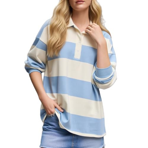 Y2k Women Striped Rugby Polo Shirt Long Sleeve Collared Oversized Vneck Sweatshirt Vintage Jersey Girls Streetwear | Amazon (US)