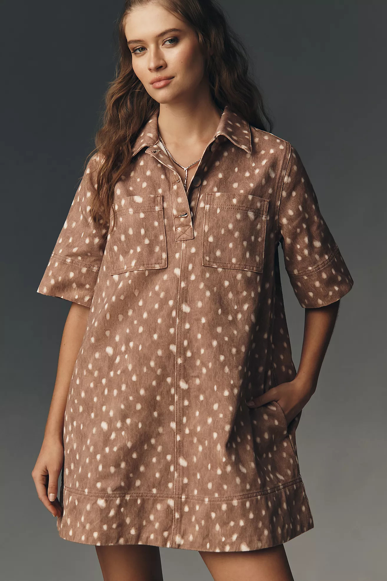 The Jeannie Short-Sleeve Denim A-Line Mini Dress by Maeve | Anthropologie (US)
