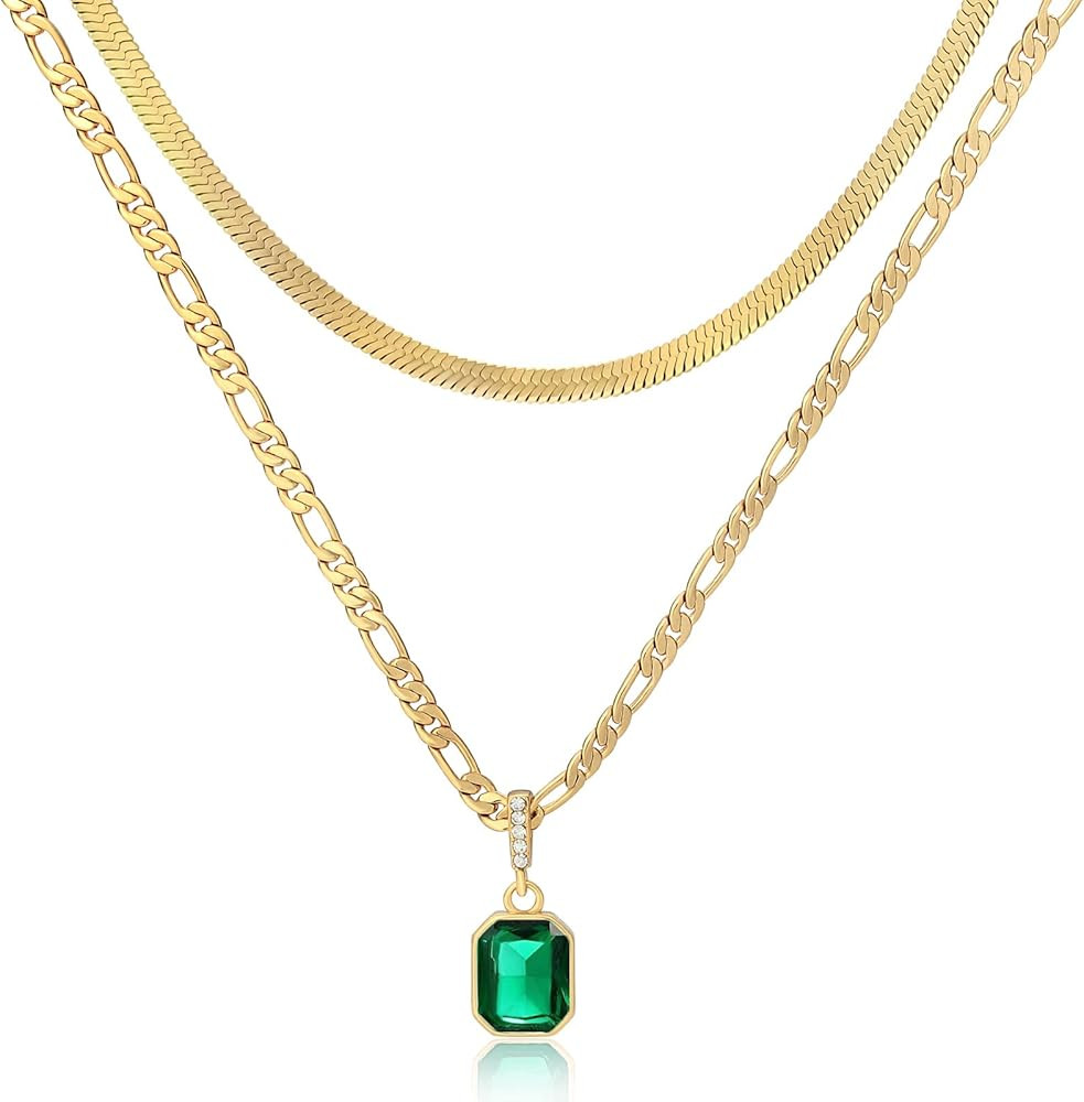 ACECHA Gold Layered Necklaces for Women, 18K Gold Plated Emerald Pendant Rectangle Necklaces for ... | Amazon (US)