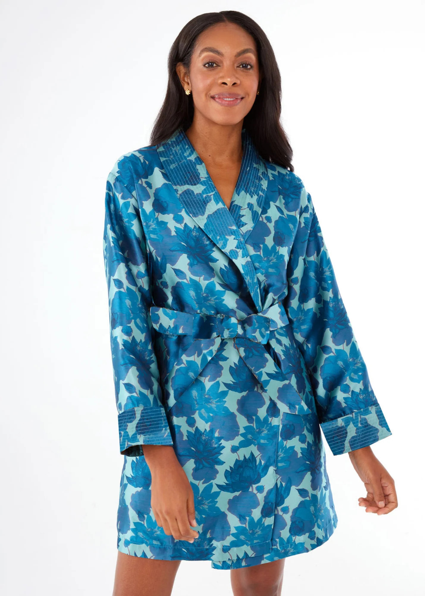 Bridget Robe Short Blue Floral Silhouette Jacquard | Abbey Glass