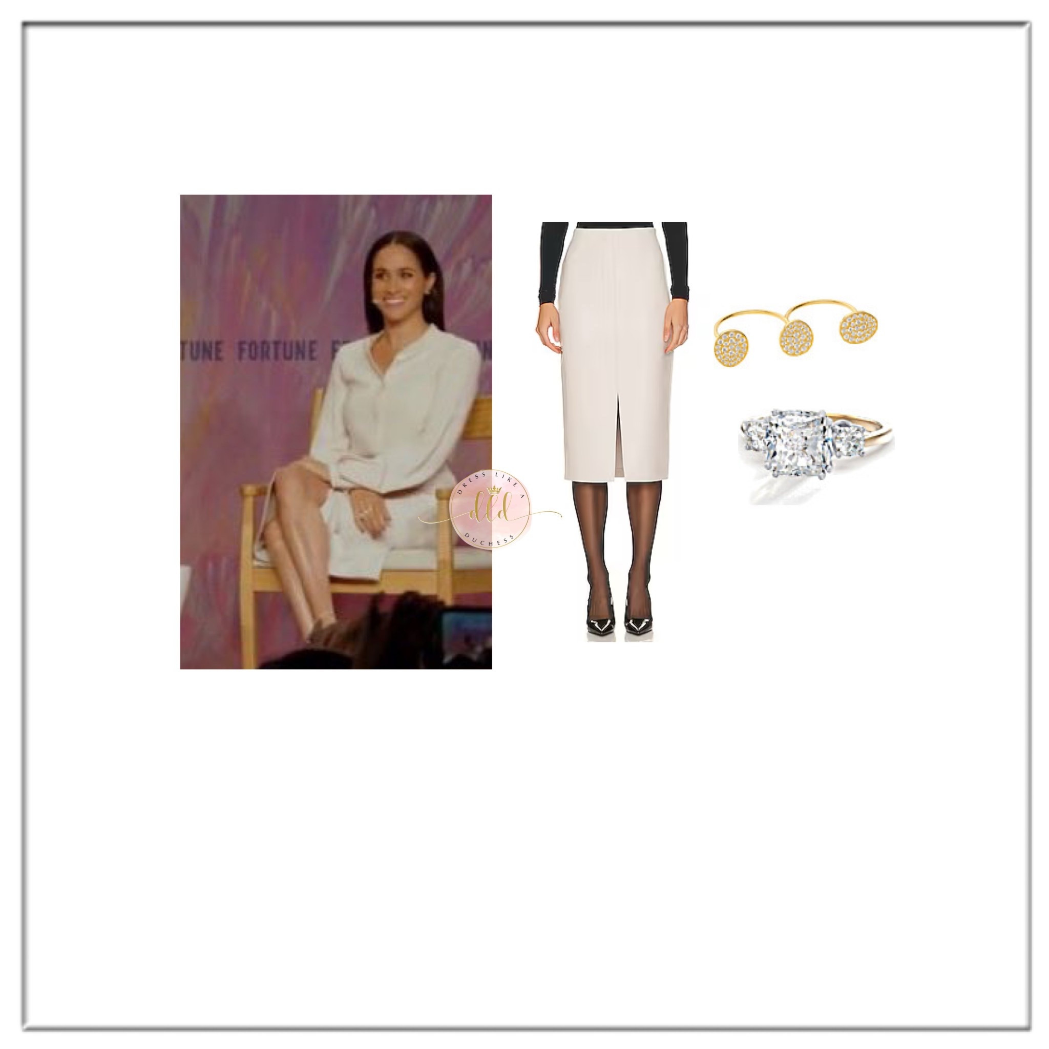 10/14/25 Meghan Markle Fortune 500 Most Powerful Women Event in Washington DC wearing Brochu Walker Esme skirt in perle (white) 