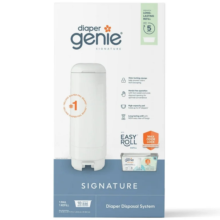 Diaper Genie Signature White Pail Includes 1 Easy Roll Refill with 18 Bags | Walmart (US)