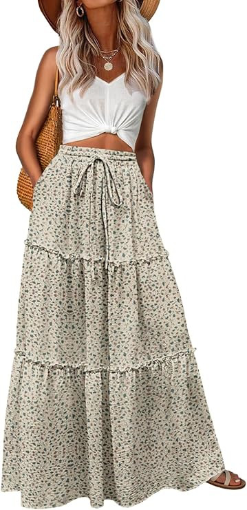 Lepunuo Womens Casual Boho High Waisted Flowy Maxi Skirts Tiered Floral Long Skirts with Pockets ... | Amazon (US)