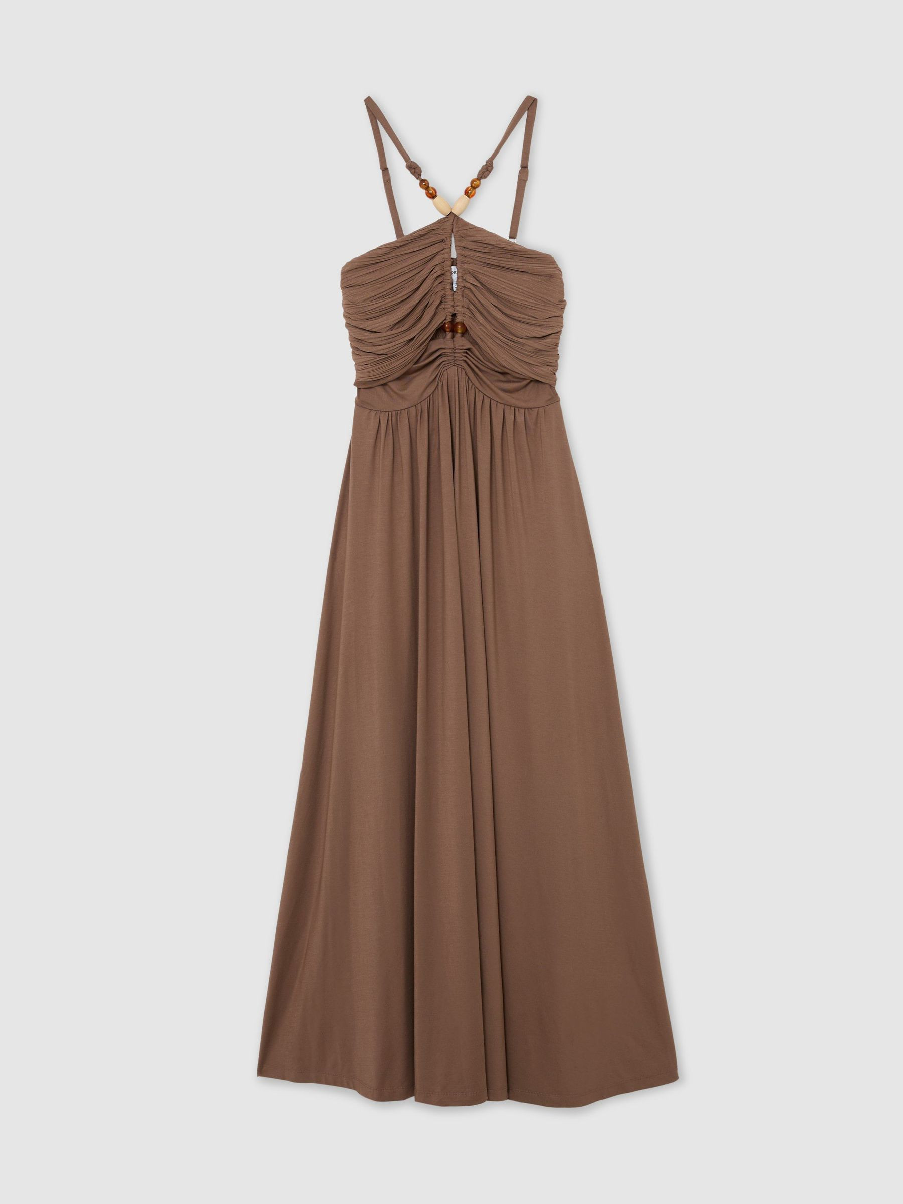 Jersey Bead-Detail Ruched Maxi Dress in Taupe Brown | Reiss UK