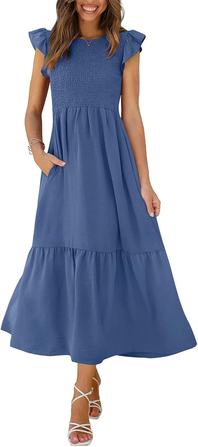 OFEEFAN Women's Casual Maxi Dresses with Pockets Ruffle Sleeve Smocked Dress XS-2XL | Amazon (US)