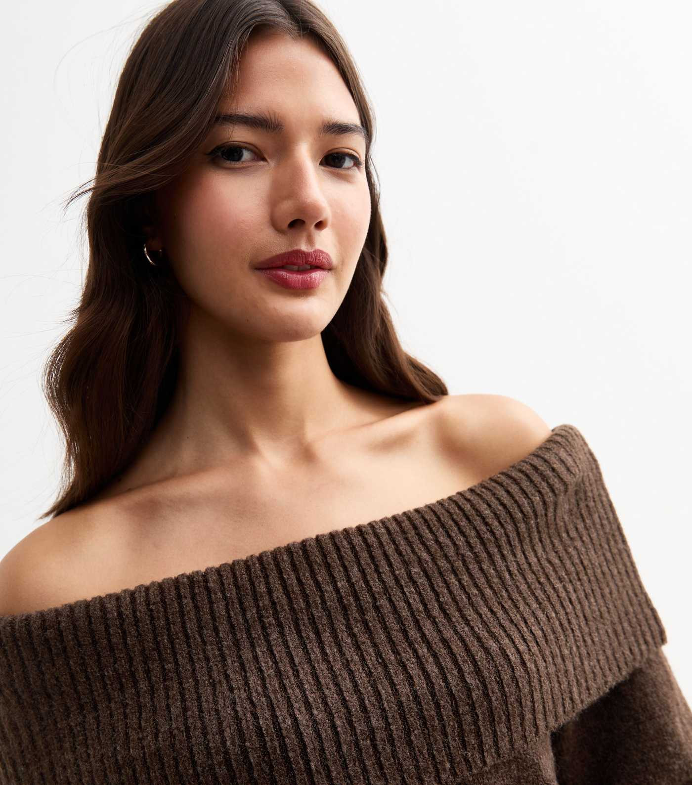 Brown Knit Foldover Bardot Jumper | New Look | New Look (UK)