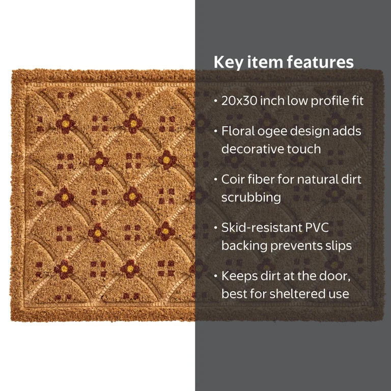 Better Homes & Gardens Coir Doormat, 20 in x 30 in, Ogee Floral Pattern, Skid-Resistant Backing | Walmart (US)
