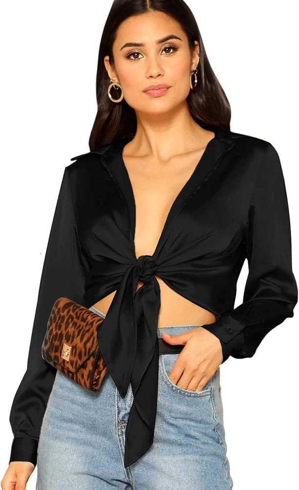 SheIn Women's Long Sleeve Self Tie Knot Front Satin Crop Top Blouse Shirt | Amazon (US)