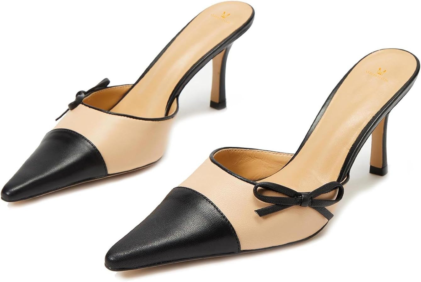 MOOMMO Women Stiletto Heel Mules Bow Cap Pointed Toe Slip On Mule Sandals Two Tone Sexy 2 inch Ki... | Amazon (US)