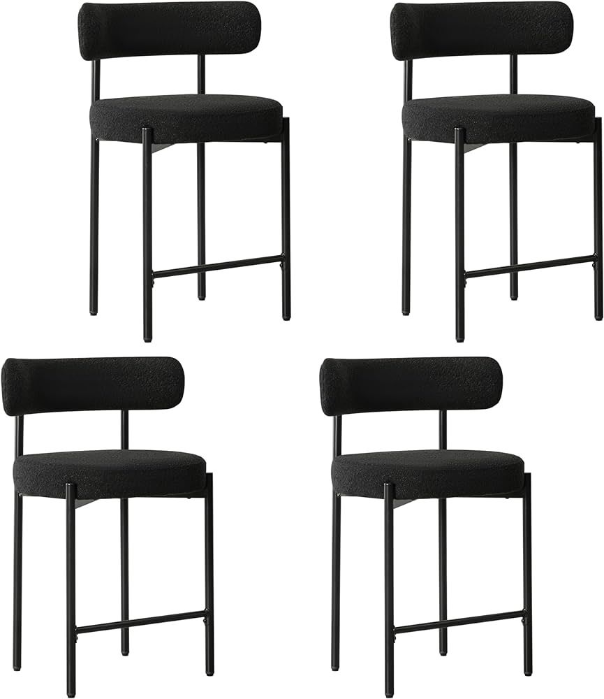 24'' Boucle Counter Stools Set of 4, Black Bar Stools with Backs, Counter Height Bar Stools for K... | Amazon (US)